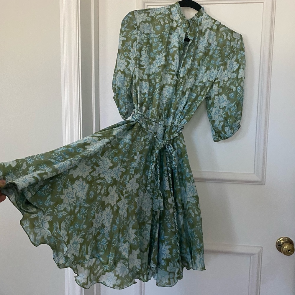 COPY - Hannah Artwear Magnolia silk green floral tie waist ruffle midi length d…